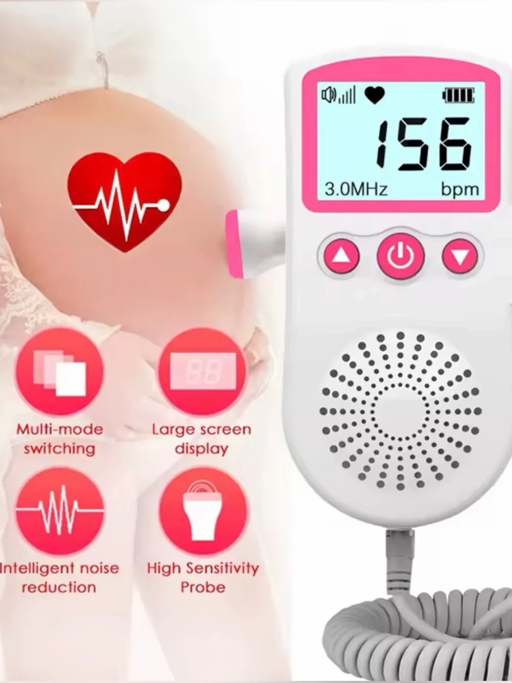 Portable Fetal Doppler Baby Heartbeat Monitor - White & Pink
